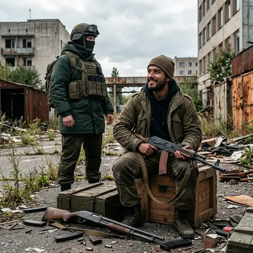 Hispanic Man Holding Weapon with Caucasian Figure in Tarkov Setting