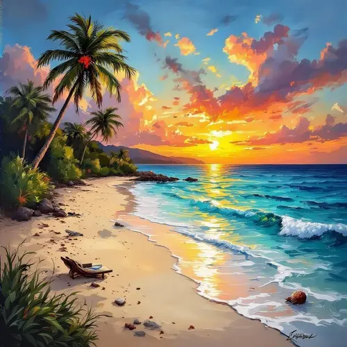 Caribbean Beach Sunset and Nightscape Painting
