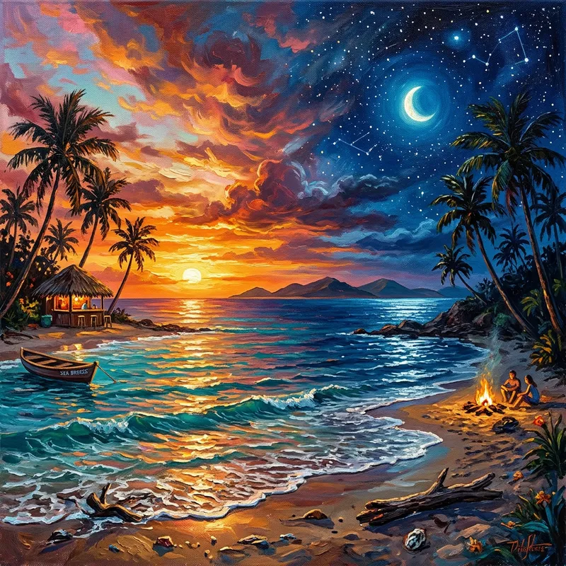 Caribbean Beach Sunset and Nightscape Painting Caribbean Beach Sunset and Nightscape Painting