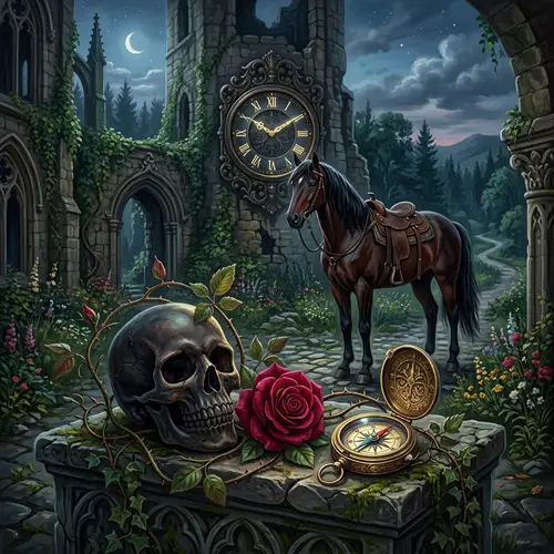 Horse, Clock, Compass, Rose, and Skull Art