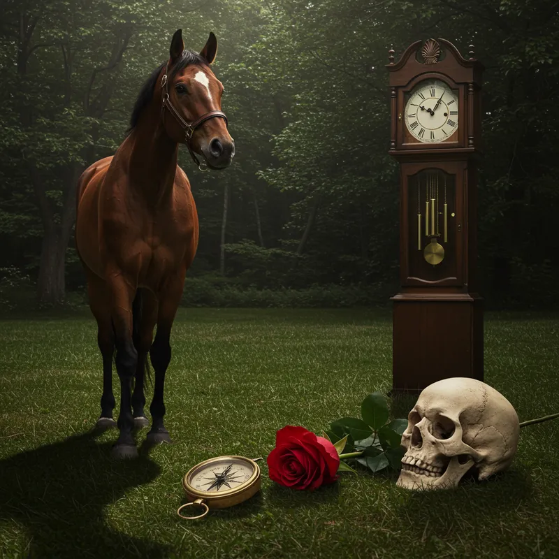 Horse, Clock, Compass, Rose, and Skull Art