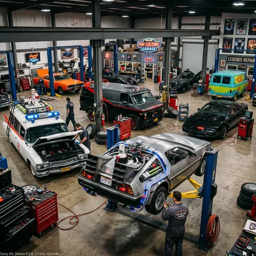 Iconic Pop Culture Cars in an Automotive Service Center