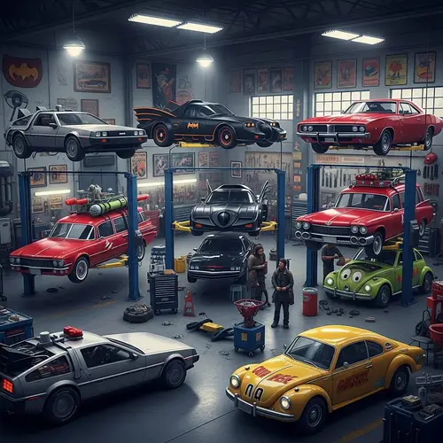 Iconic Pop Culture Cars in an Automotive Service Center