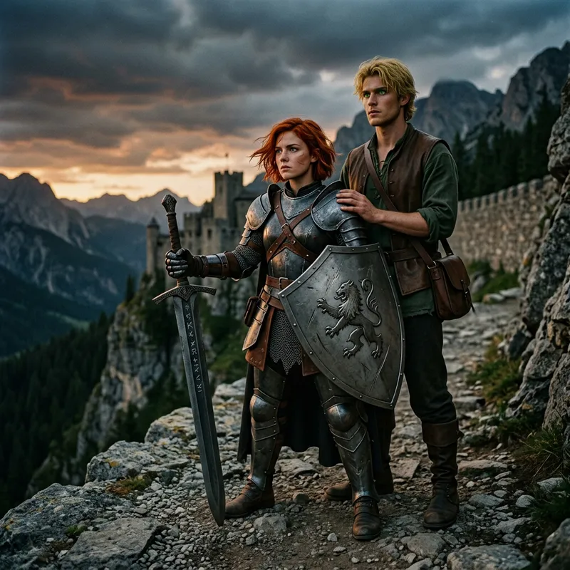 Red-Haired Female Warrior with Giant Sword and Shield