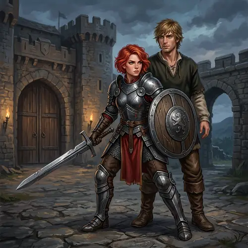 Armored Red-Haired Girl with Sword and Shield Protects Male Companion