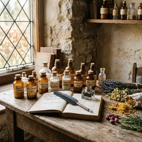 Homeopathy Still Life Art with Healing Herbs and Bottles