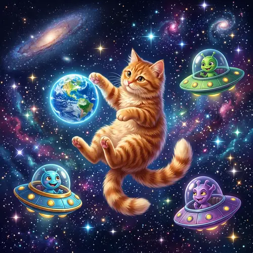 Whimsical Space Cat Playing with Earth and Aliens