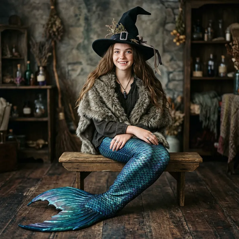Teenager Girl with Blue Eyes and Witch Hat in Studio Photo