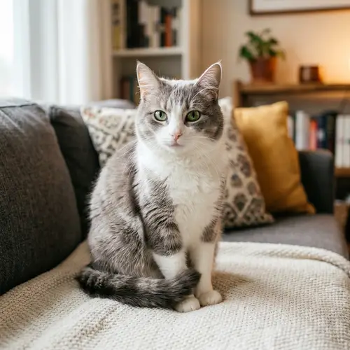 Furry Domestic Cat with Sleek Grey Coat and Mesmerizing Green Eyes