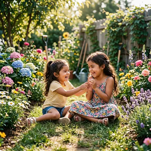 Cheerful Hispanic Girls Playing in Blooming Garden