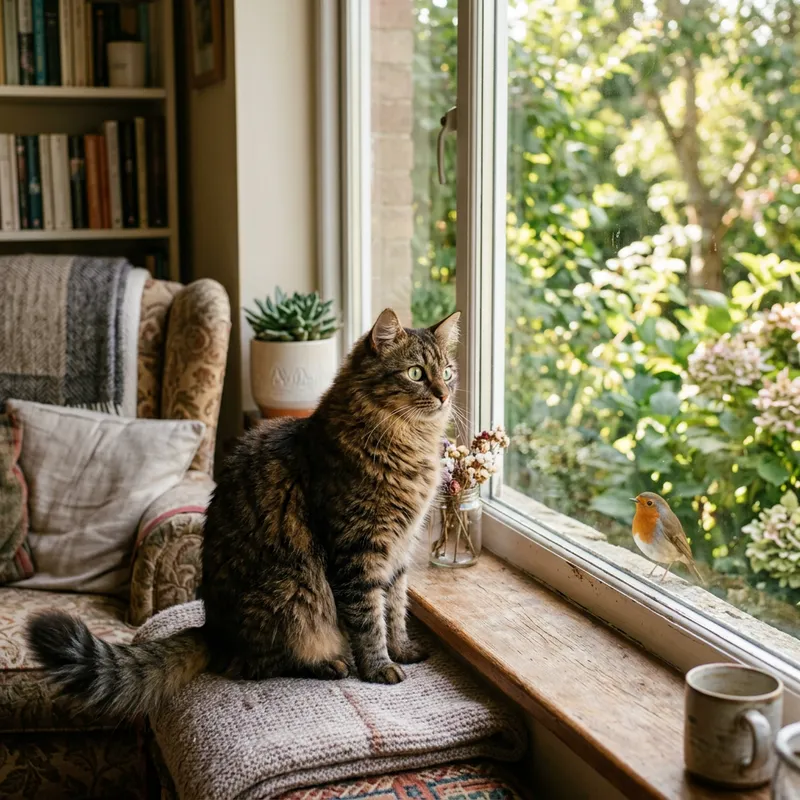 Adorable House Cat with Emerald Eyes on Window Ledge | Home Comfort