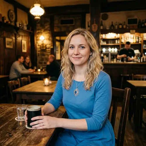 Blonde Beauty in a Blue Dress at a Cozy Tavern
