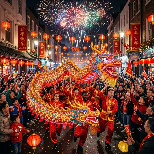 Colorful Dragon Parade Celebrating Chinese New Year 2024