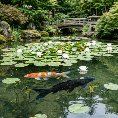 Japanese Koi Fish Swimming Among Water Lilies