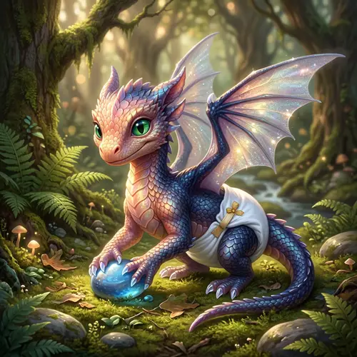 Playful Dragon in White Diaper | Mythical Creature Fantasy