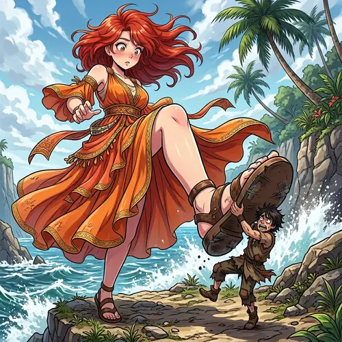 Surprised Red-Haired Anime Woman and Clinging Male Figure on Tropical Island