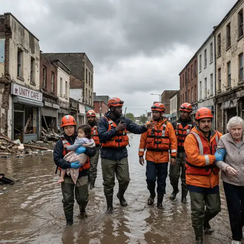 Typhoon Aftermath: Multiethnic Rescue Team Providing Aid