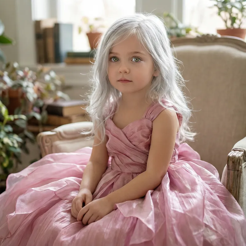 Caucasian Young Girl in Pink Dress: Silver Hair & Green Eyes