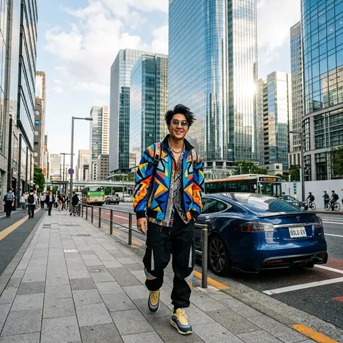 Bold Urban Style: Fashion-Forward Individual with Modern Electric Vehicle