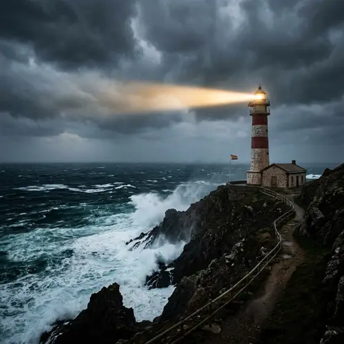 Vintage Lighthouse on Majestic Cliff | Stormy Seascape