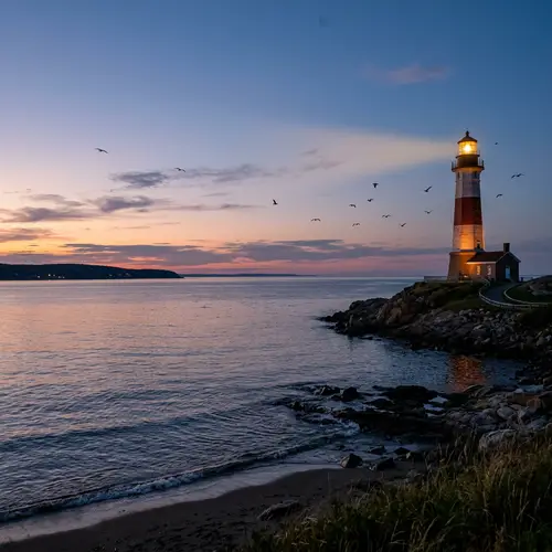 Tranquil Maritime Scene at Dusk | Lighthouse Glow on Calm Sea