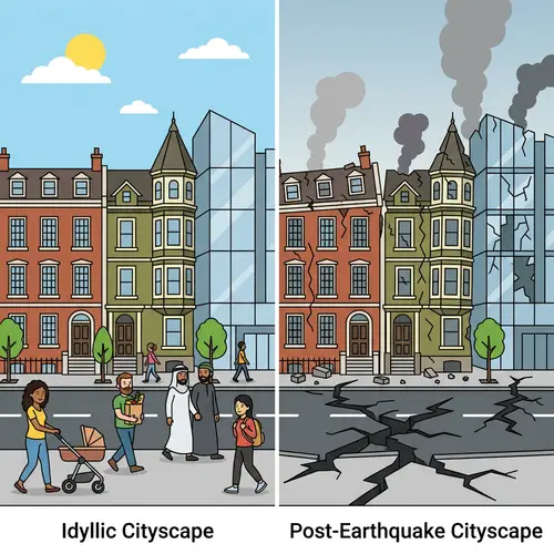 Cityscape Evolution: Idyllic Vs Post Earthquake Scenes