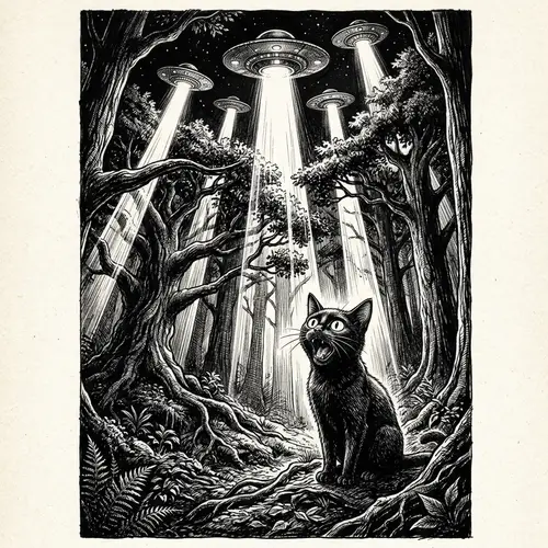 Captivated Black Cat and Flying Saucers in Ancient Forest