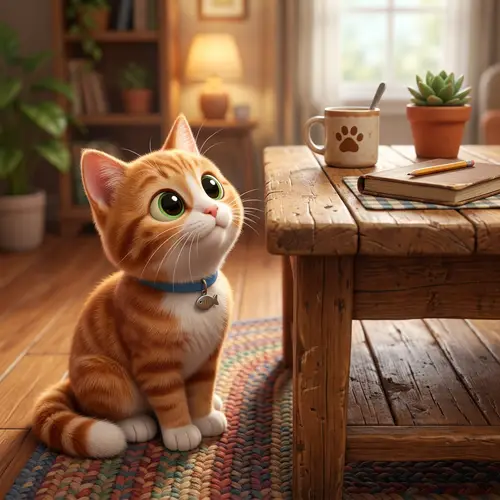 Pixar-Inspired Cat Staring at a Wooden Table