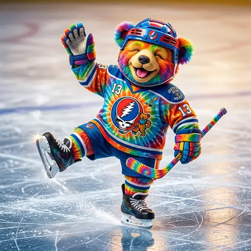 Colorful Grateful Dead Bear in Ice Hockey Pose
