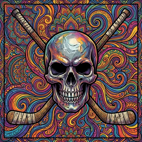 Psychedelic Steel Skull with Ice Hockey Sticks - Sports-Inspired Art