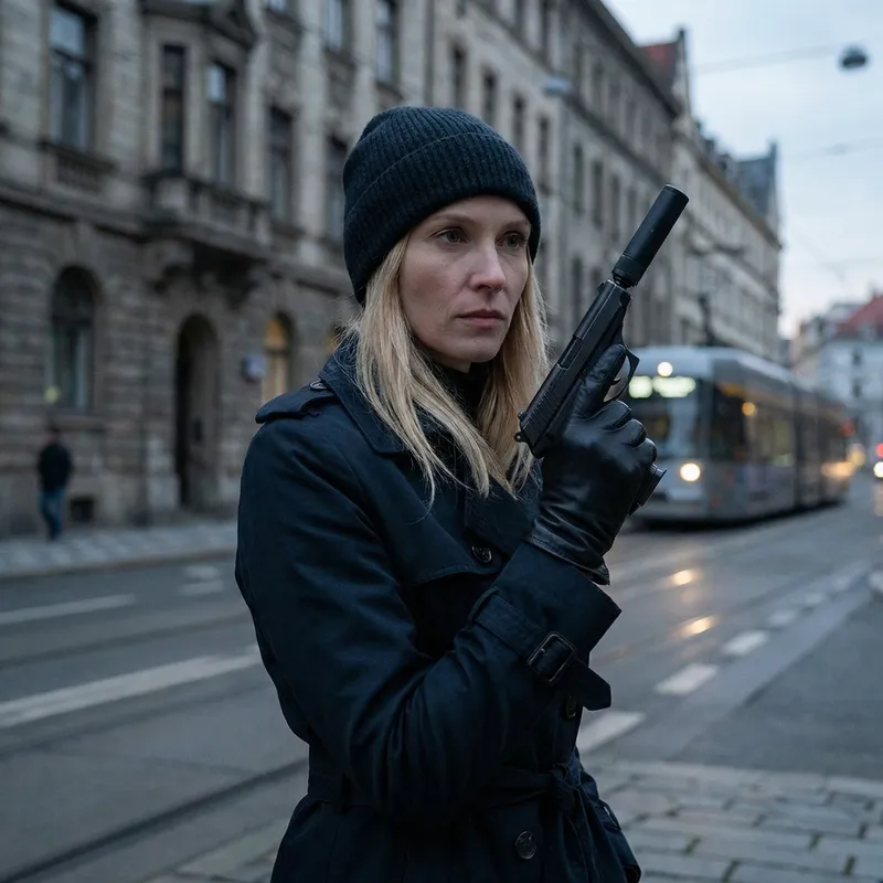 Blonde Russian Hitwoman with Silenced Pistol