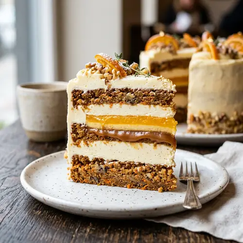 Decadent Cake with Carrot Biscuits, Cream and Salted Caramel