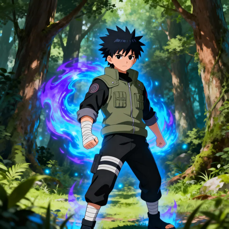 Anime Character with Black Hair and Chakra Energy