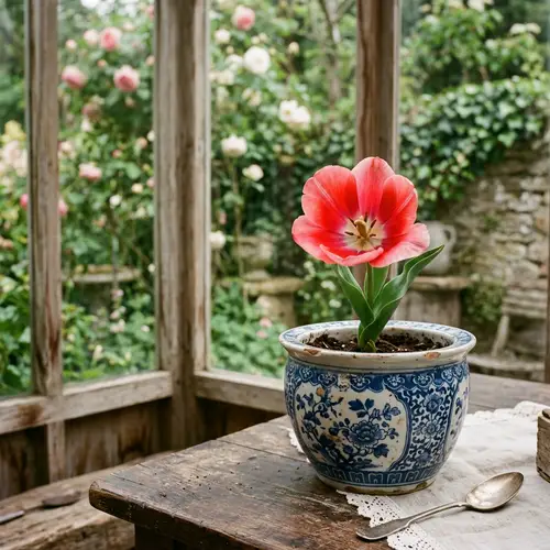 Vintage Tulip: Lush Red and Pink Radiance in Aged Porcelain Pot