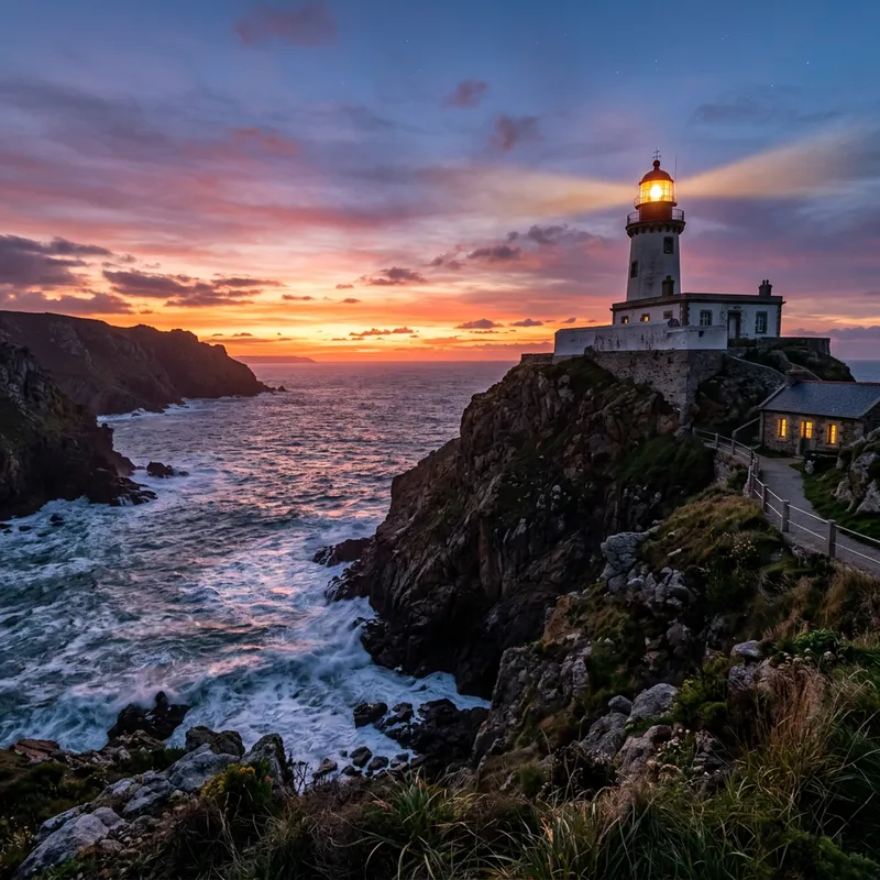 Twilight Lighthouse on Rugged Cliff: A Beacon of Solitude Twilight Lighthouse on Rugged Cliff: A Beacon of Solitude