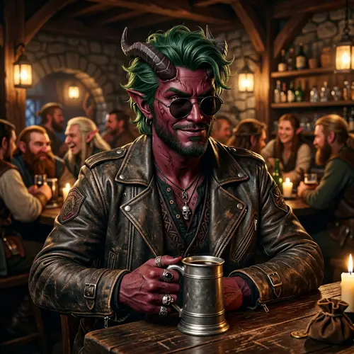 Cool Tiefling with Maroon Skin and Green Hair