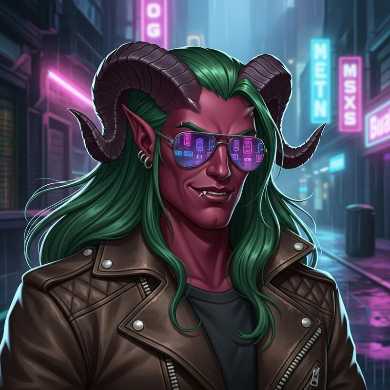 Cool Tiefling with Maroon Skin and Green Hair