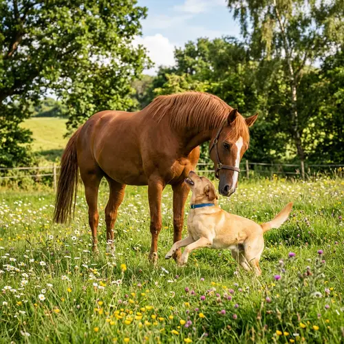Playful Labrador Dog and Horse Enjoying Sunny Day in Grassy Meadow