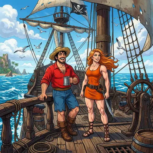 Pirate Adventure: Oceanic Scene with Male Pirate and Muscular Woman