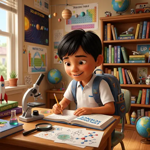 Hispanic 7-Year-Old Boy in Pixar-Style 3D Animation Studying Science