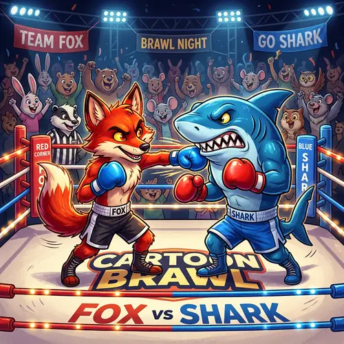 Cartoon Fox Vs Cartoon Shark Boxing Match in Traditional Ring