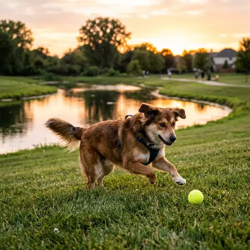 Playful Dog Chasing Tennis Ball in Park