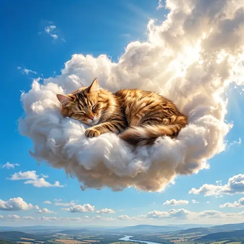Whimsical Scene of Fluffy Feline in Heavenly Cloud
