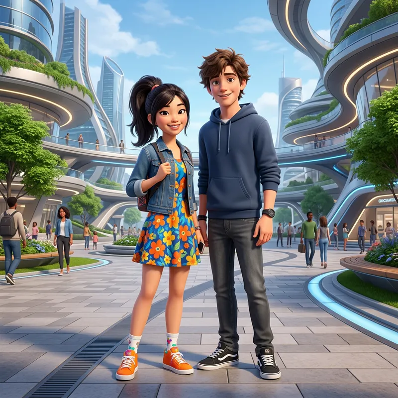 Two Teens in Colorful 3D Graphic Illustration