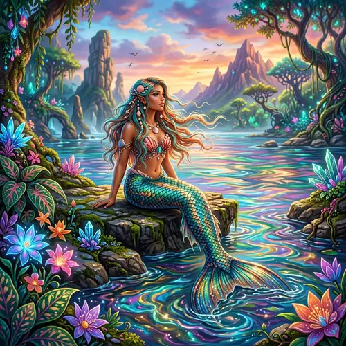 Fantasy Mermaid by the Colorful Water's Edge