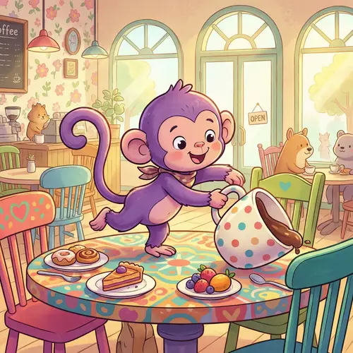 Whimsical Purple Monkey in Vibrant Coffee Shop