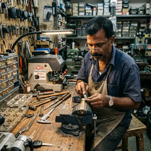 Skilled South Asian Locksmith Crafting Car Key