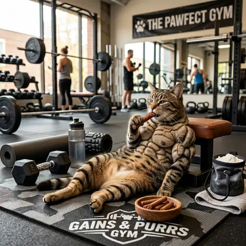 Gym Cat: Muscular Feline with 6-Pack Enjoying Cigar Treats