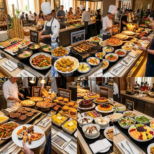 Delicious Open Buffet with Asian, Mediterranean, Italian, and American Cuisine