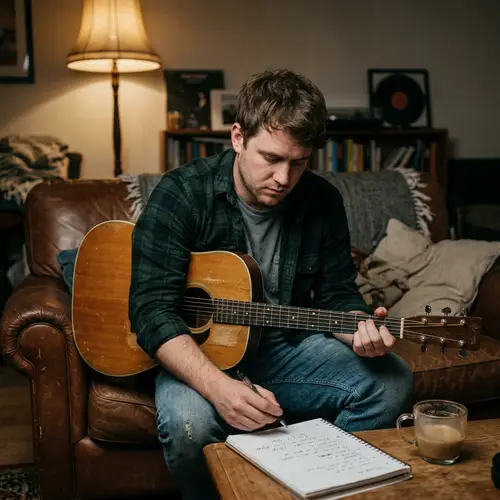Inspired Musician in Dimly Lit Room with Guitar and Notebook